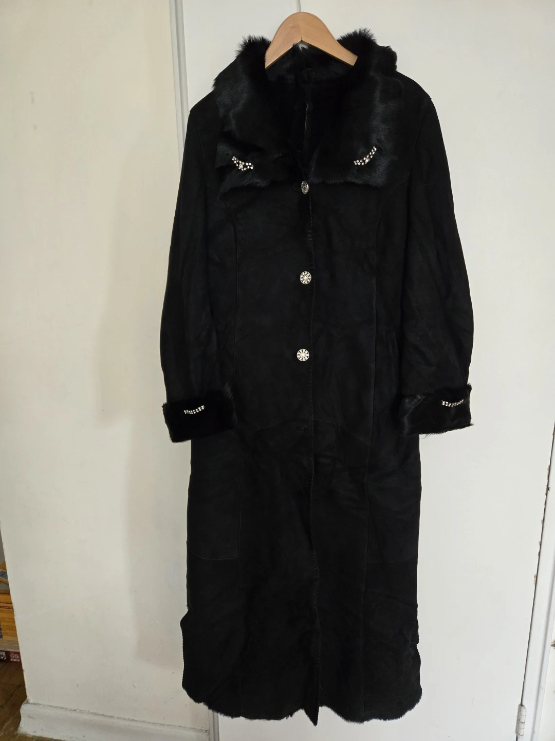 Black Suede Coat with Fur Trim and Rhinestone Accents