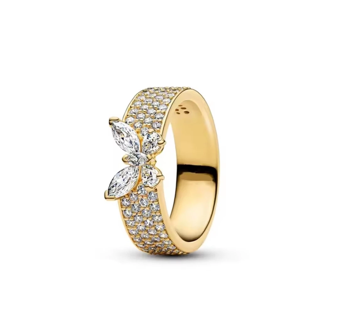 Gold Butterfly Ring with Crystals sterling silver 925