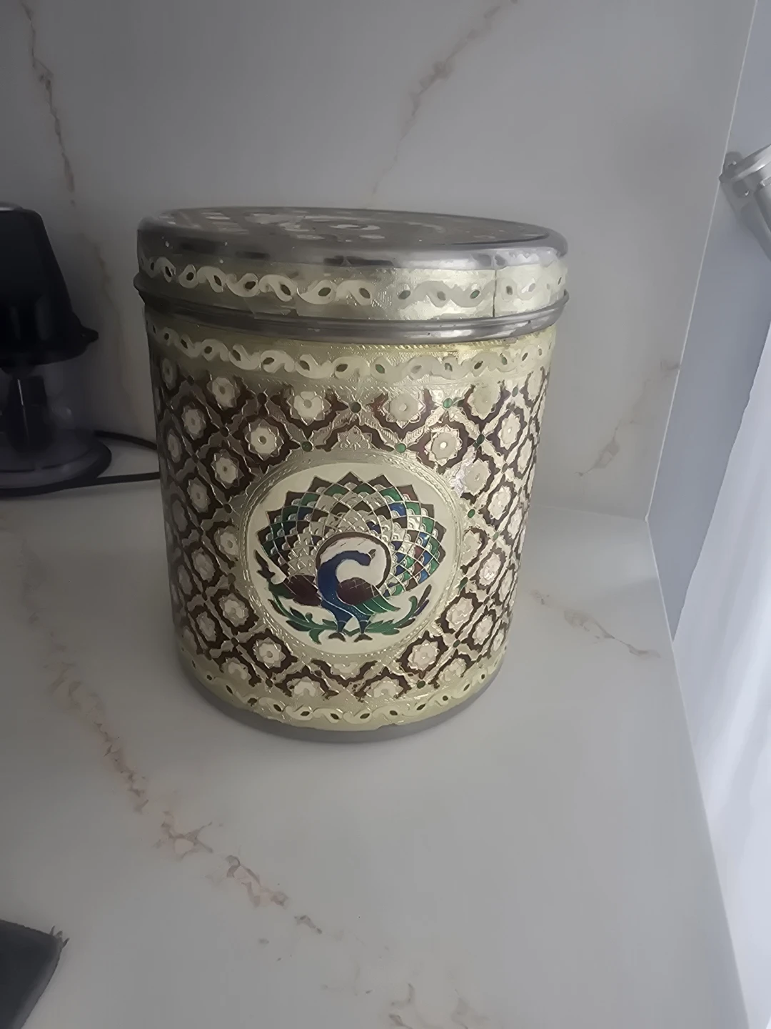Decorative Tin Canister with Peacock Design