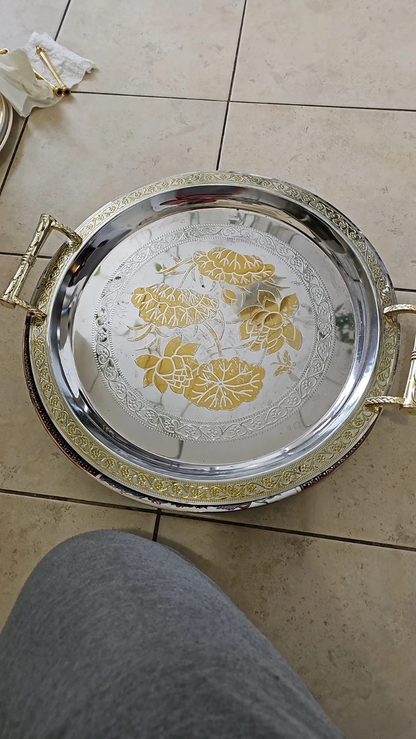 Silver Serving Tray with Gold Floral Design