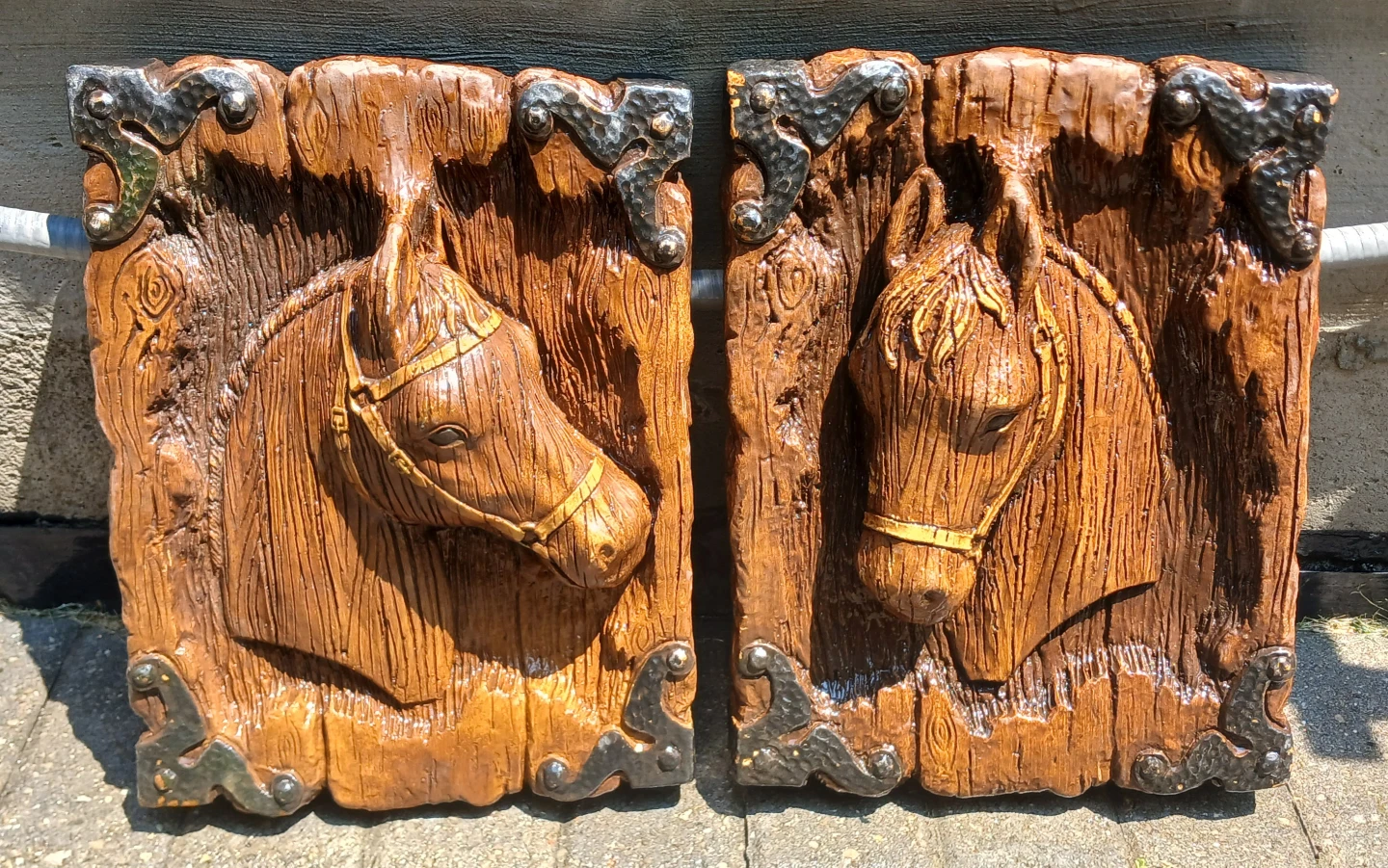 Girotti Sculpture Carved Wood Horse Wall Art Pair