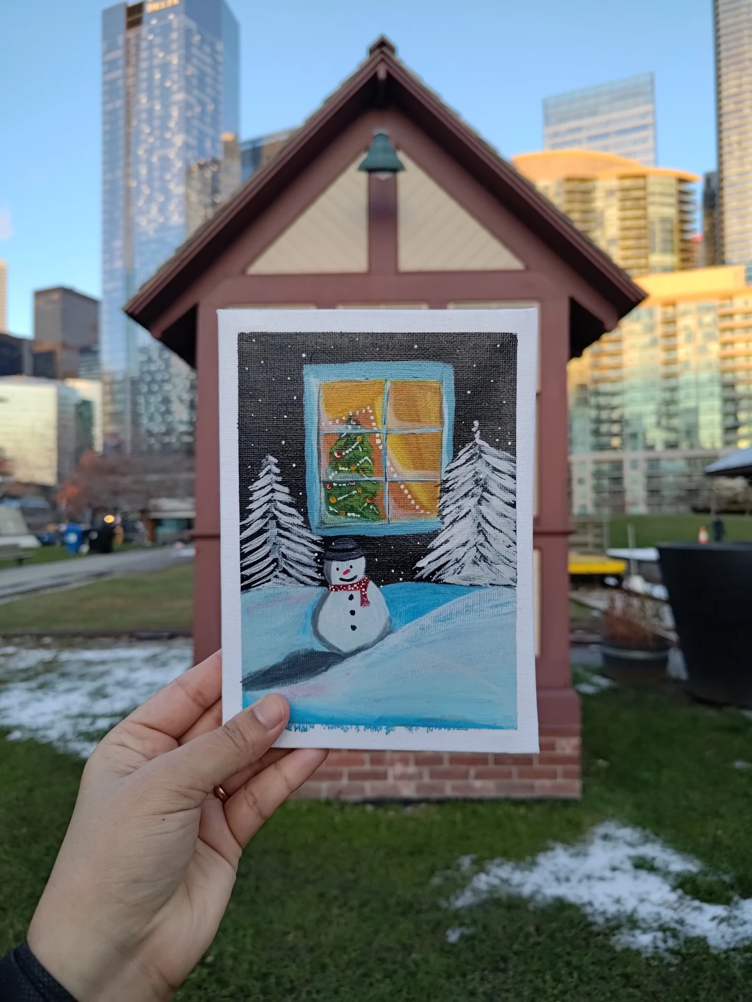 Winter Snowman and Christmas Tree Painting