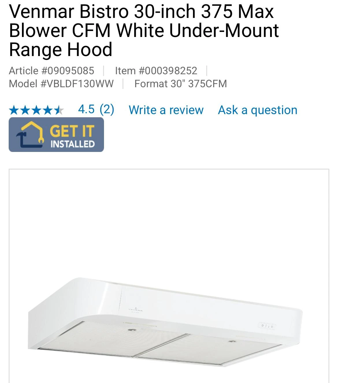 Venmar Bistro 30-inch Under-Mount Range Hood - White - photo 2