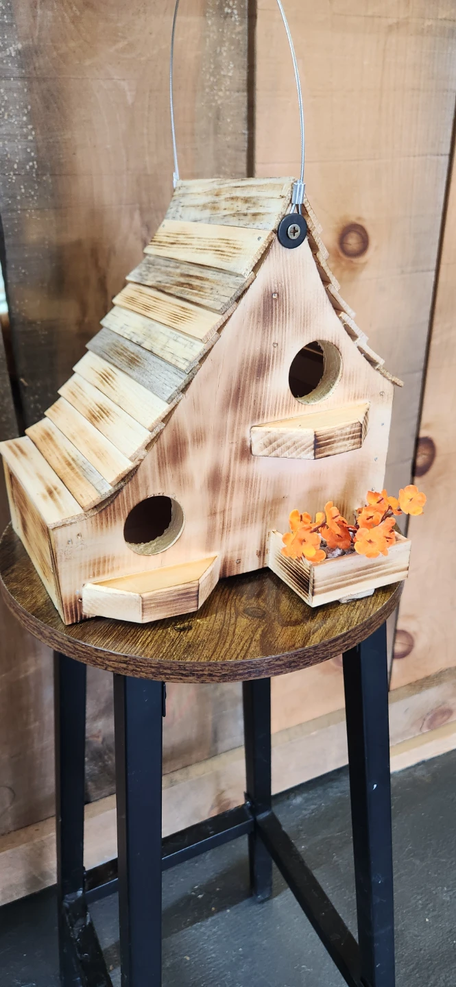 Wooden Birdhouse with Decorative Flowers