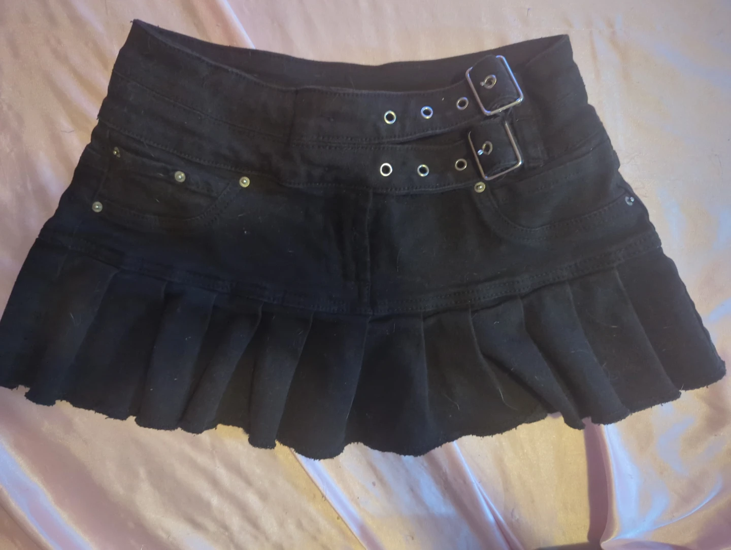Black Pleated Mini Skirt with Buckle Detail
