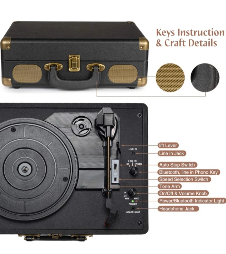 NEW!   Retrolife 3-Speed Bluetooth Suitcase Turntable - photo 4