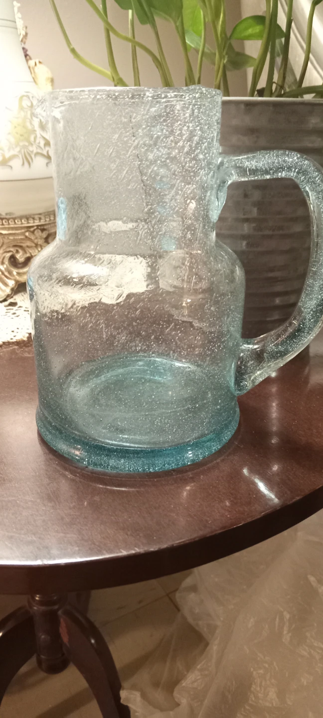 Teal bubble art glass pitcher