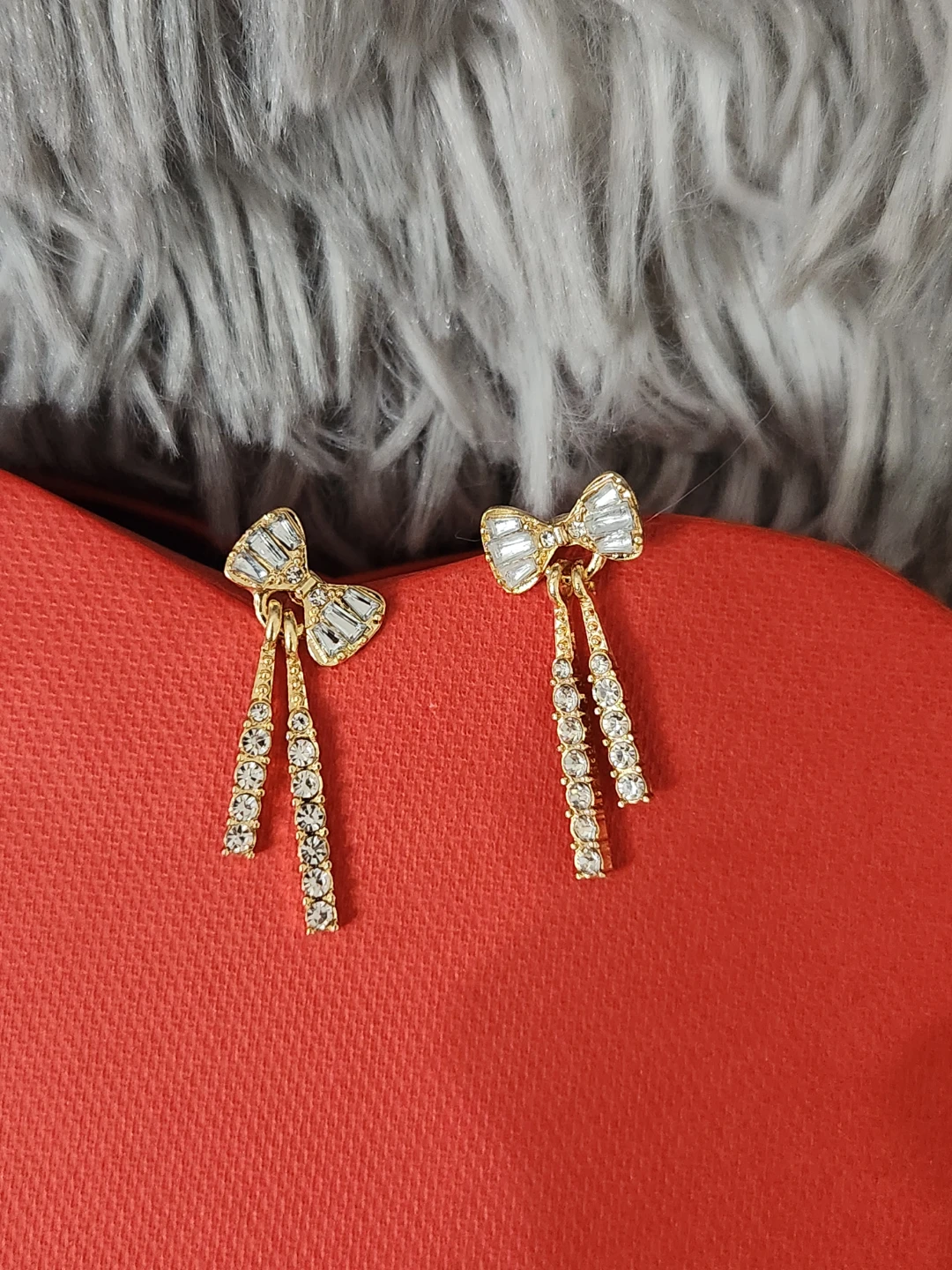 Gold Tone Rhinestone Bow Drop Earrings