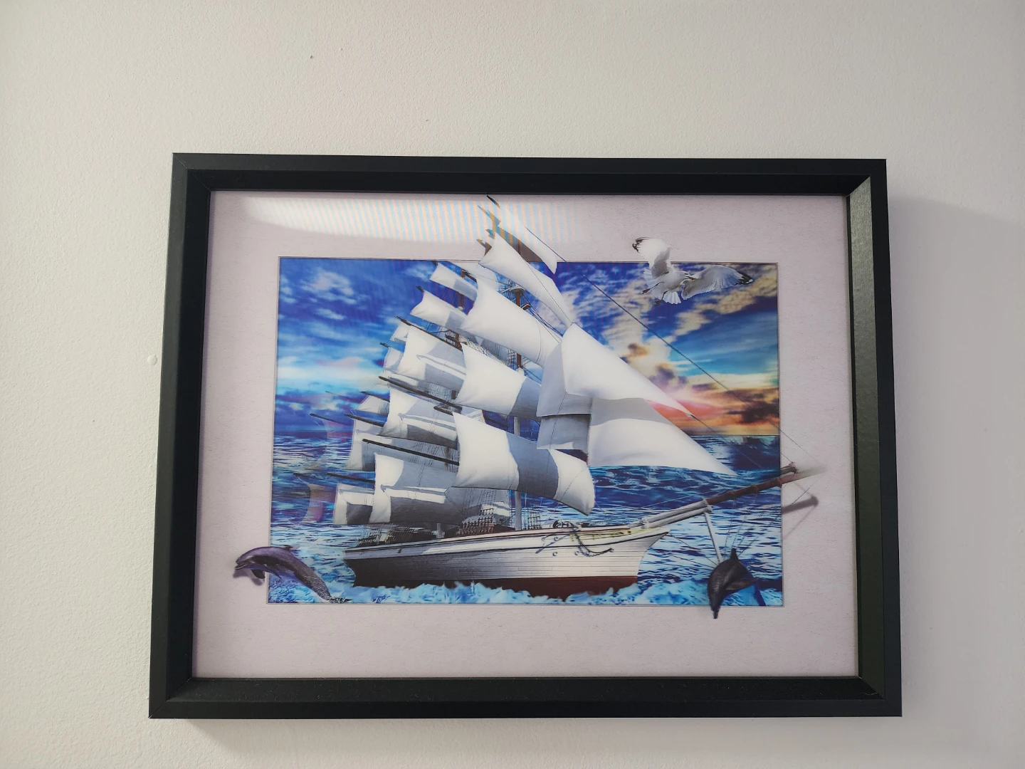 Framed Sailboat Picture with Dolphins and Seagulls