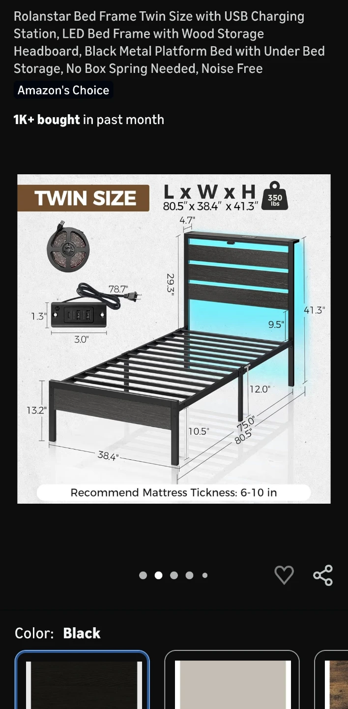 Rolanstar Twin Bed Frame w/ USB Charging, Black - photo 2