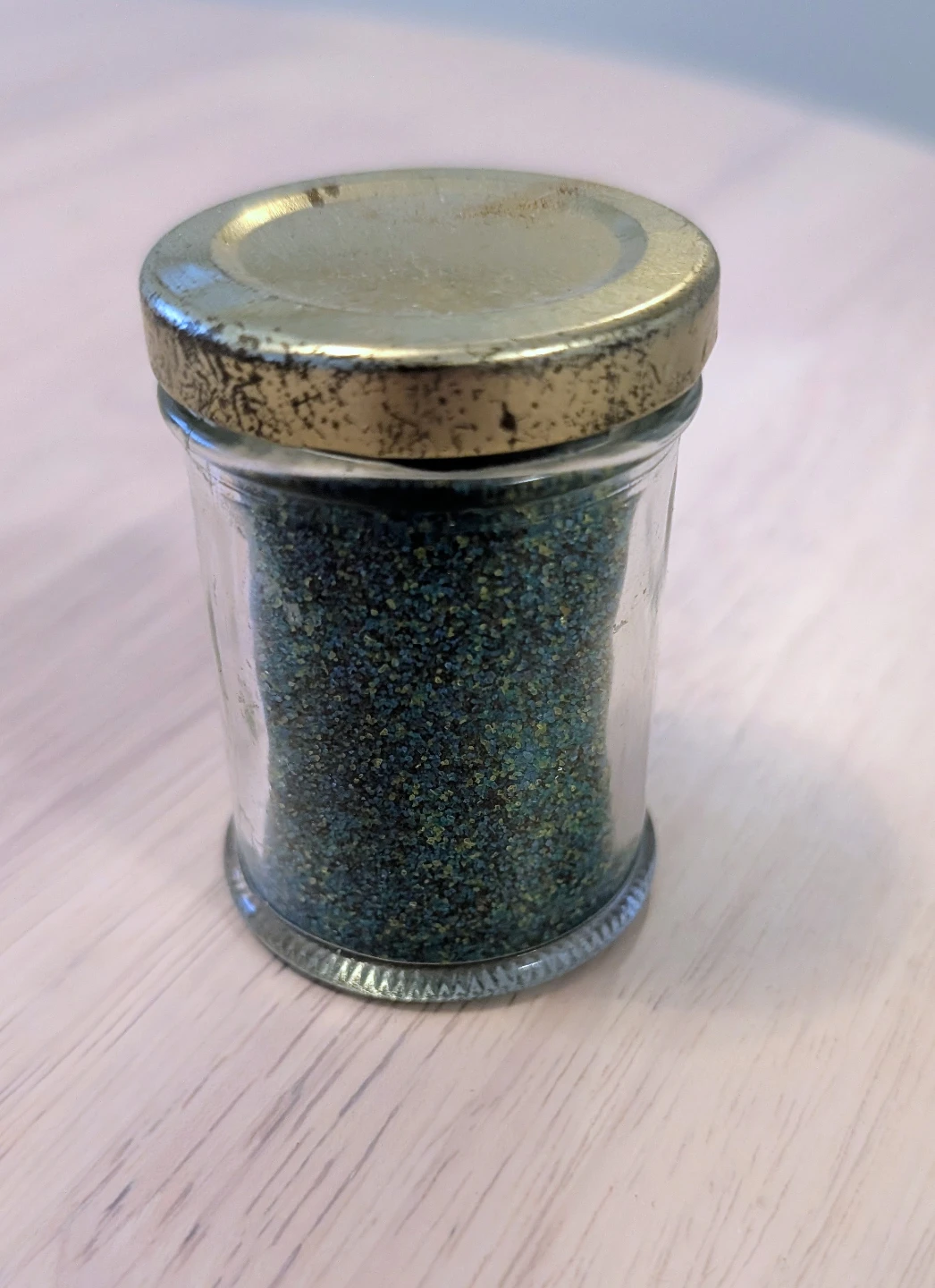 Small Jar of Teal and Gold Decorative Sand