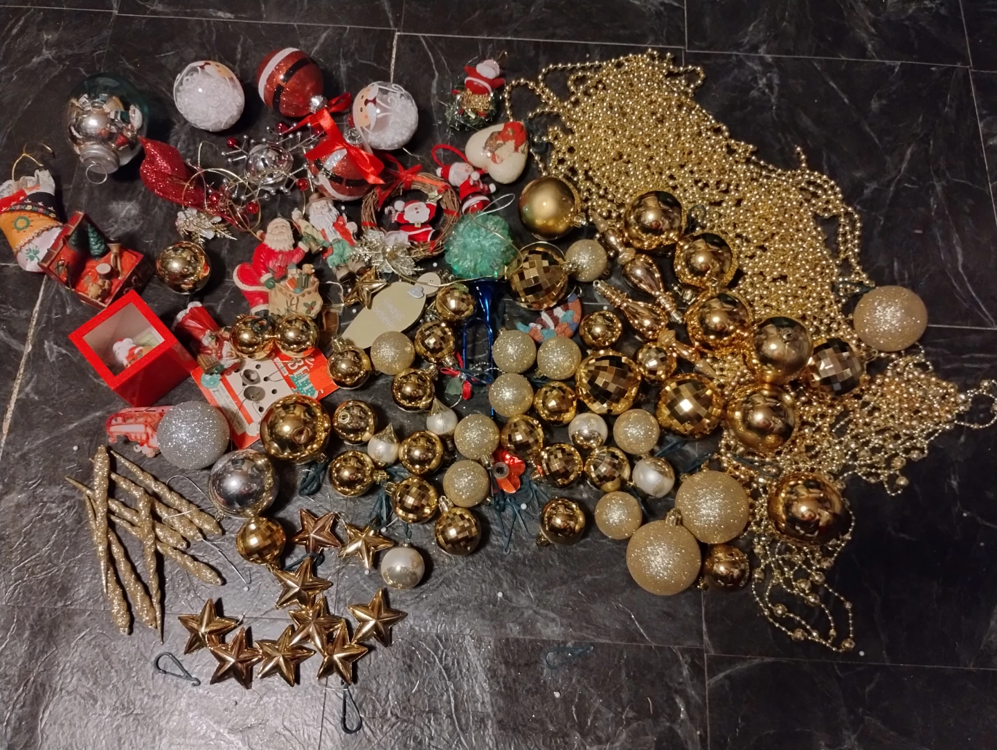 Assorted Gold Christmas Ornaments and Beaded Garland