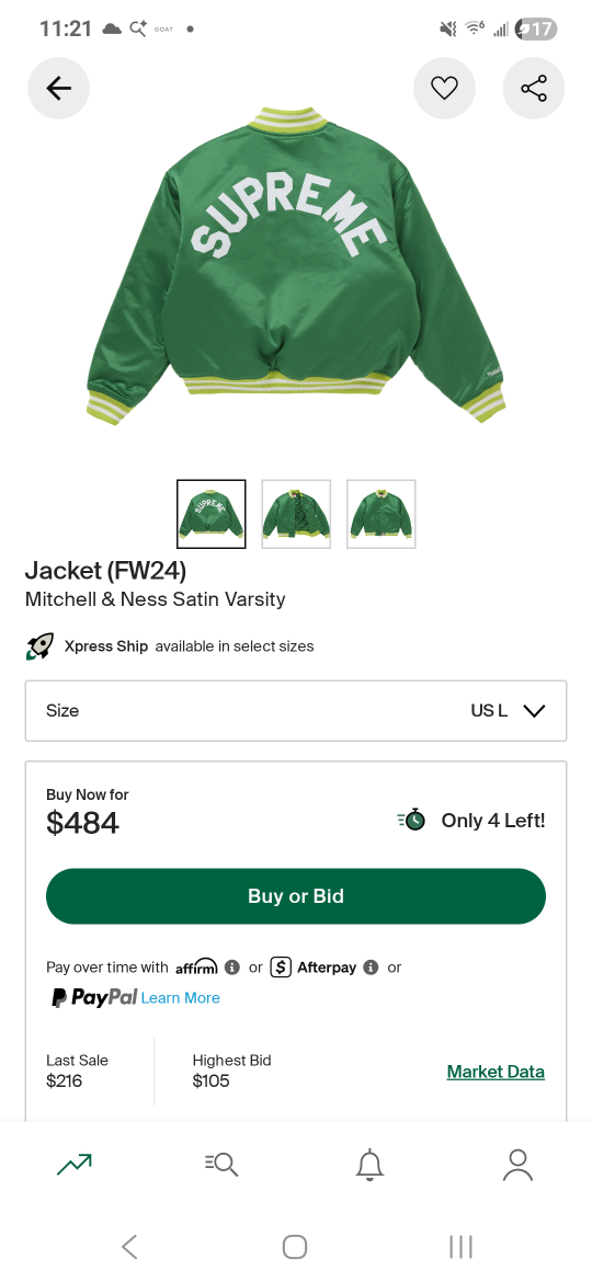 Supreme x Mitchell & Ness Satin Varsity Jacket Green US L - photo 2