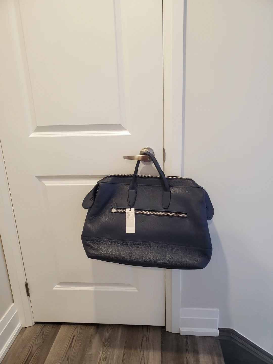 new quality navy leather overnight bag