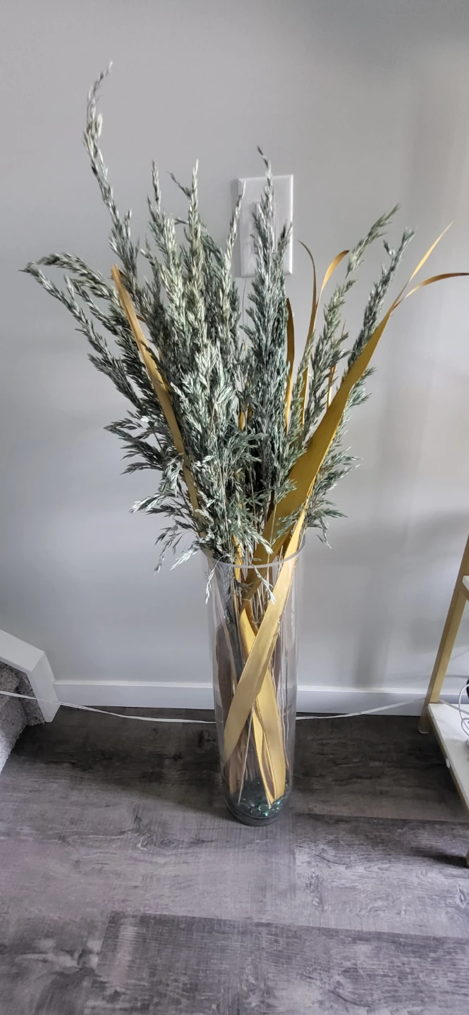 Tall Glass Vase with Dried Grass and Decorative Gems