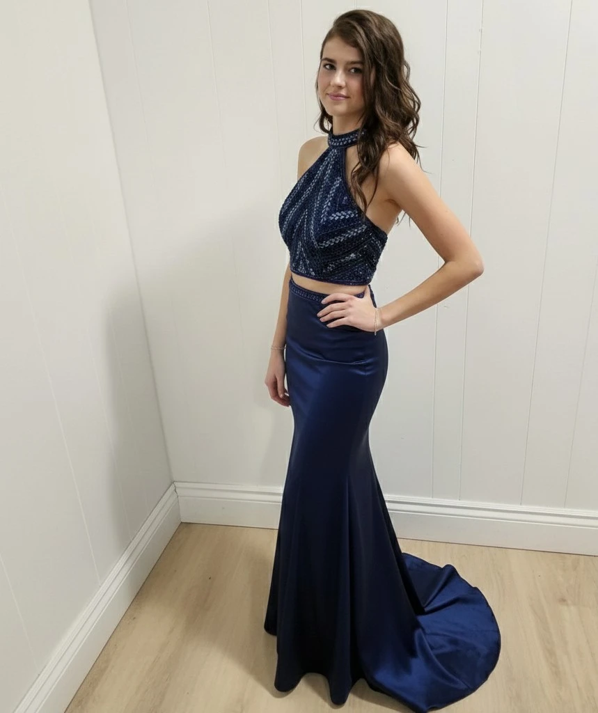 Milano Formals Blue Beaded Halter Dress