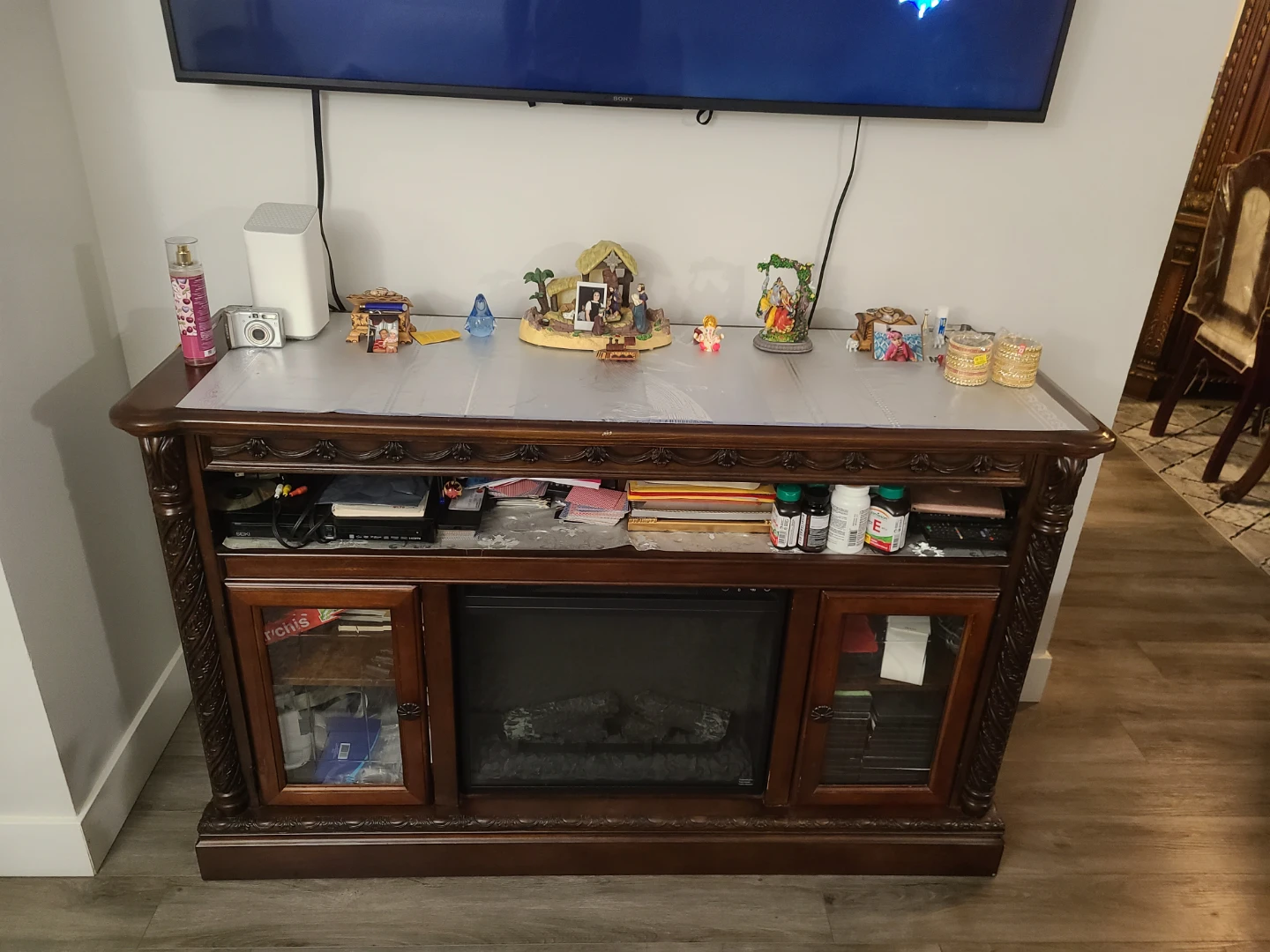 Dark Wood Electric Fireplace TV Stand with Glass Doors