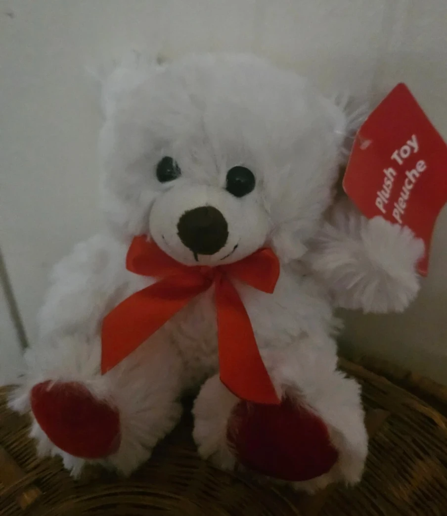 White Plush Teddy Bear with Red Bow