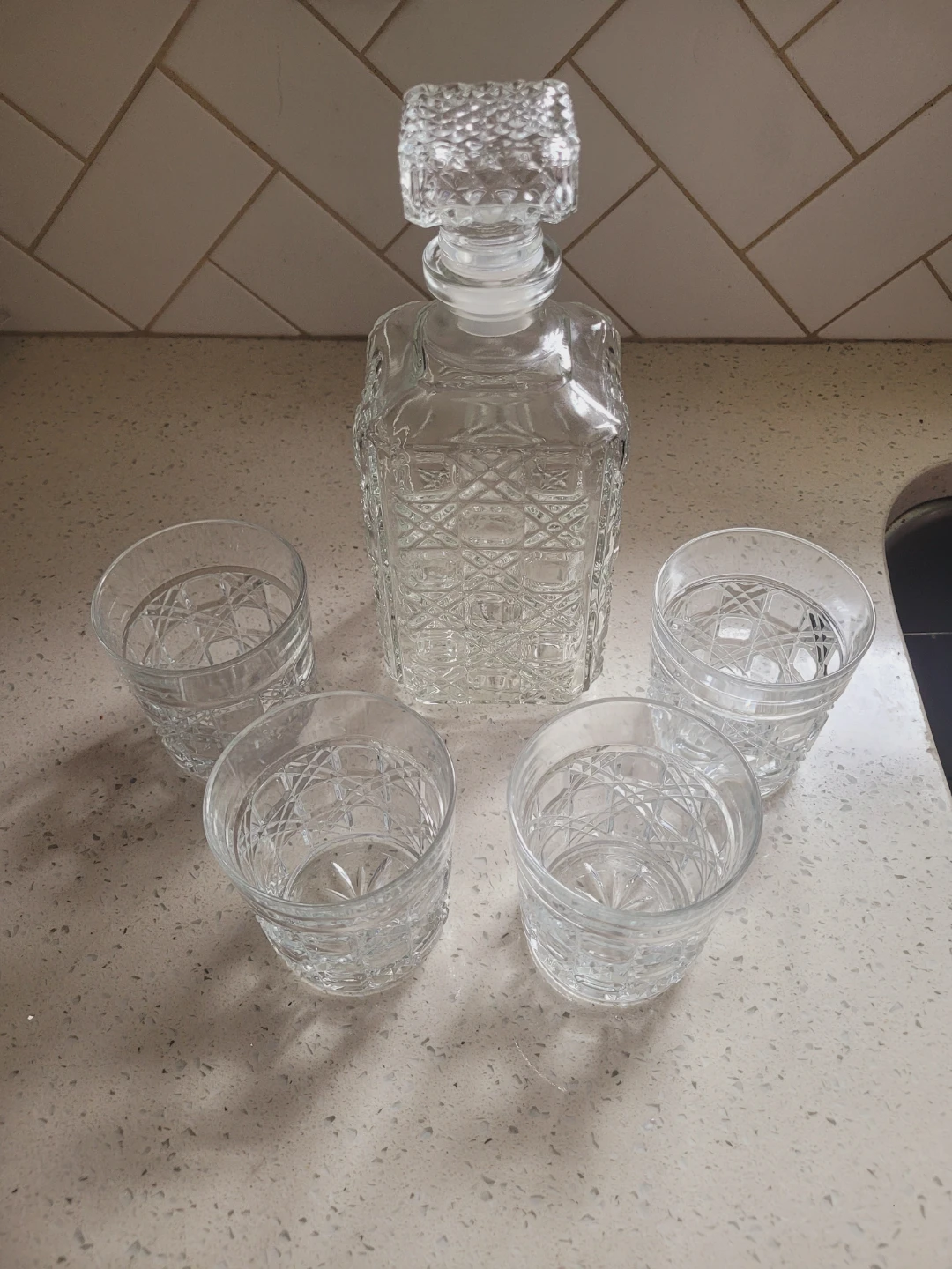 Glass Decanter and Tumbler Set French Crystal Damier