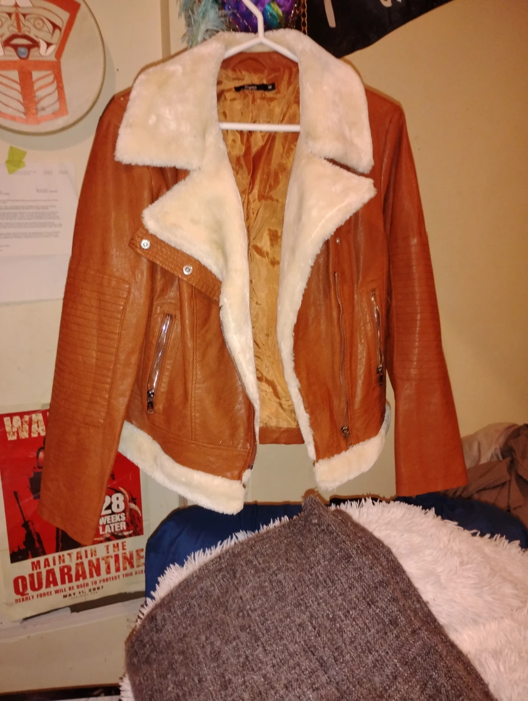 Mamo Brown Faux Leather Moto Jacket with Sherpa Collar Size 38 - photo 3