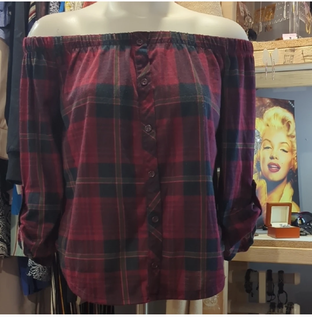 U2B Plaid Off-the-Shoulder Blouse - Size S
