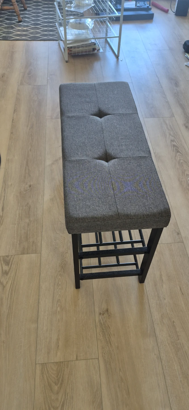 Grey Upholstered Bench with Shoe Rack