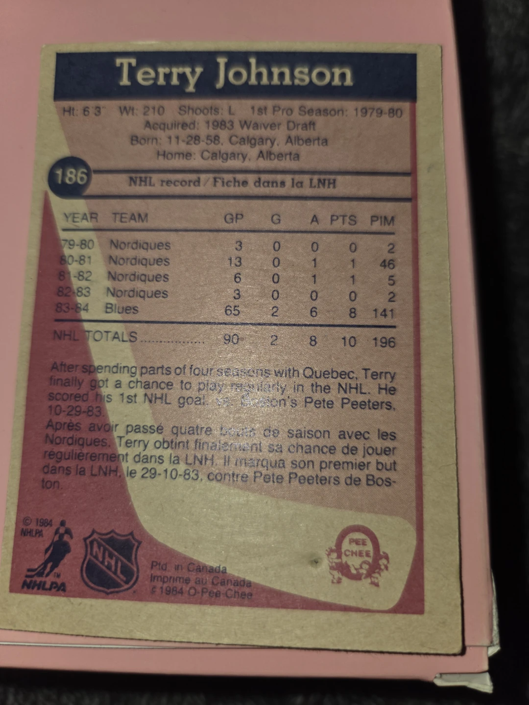 1984 O-Pee-Chee Terry Johnson Hockey Card - photo 2