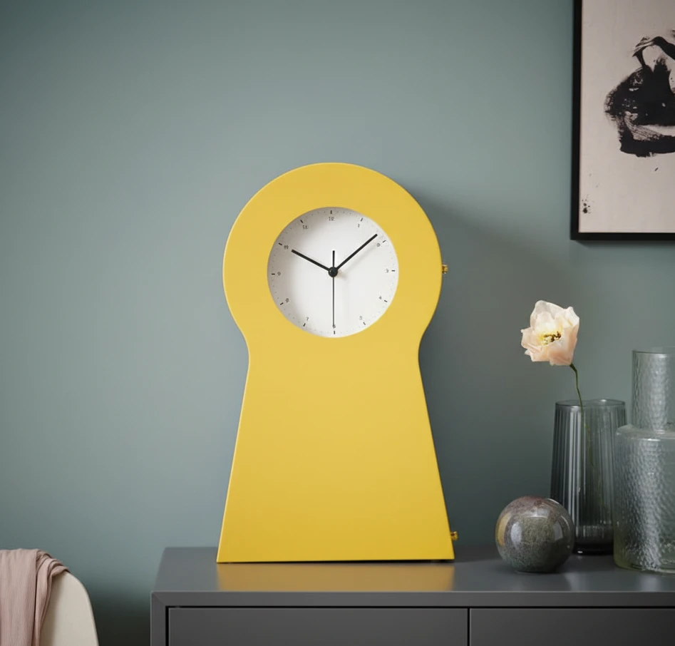 Yellow Keyhole Clock with Shelf