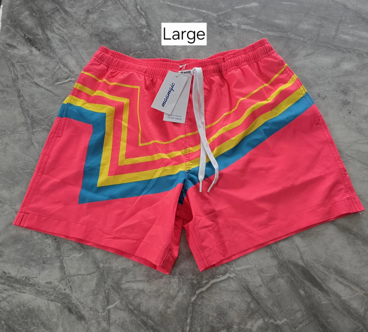 New Large-Maamgic Swim Trunks Men's Medium Neon Pink Striped