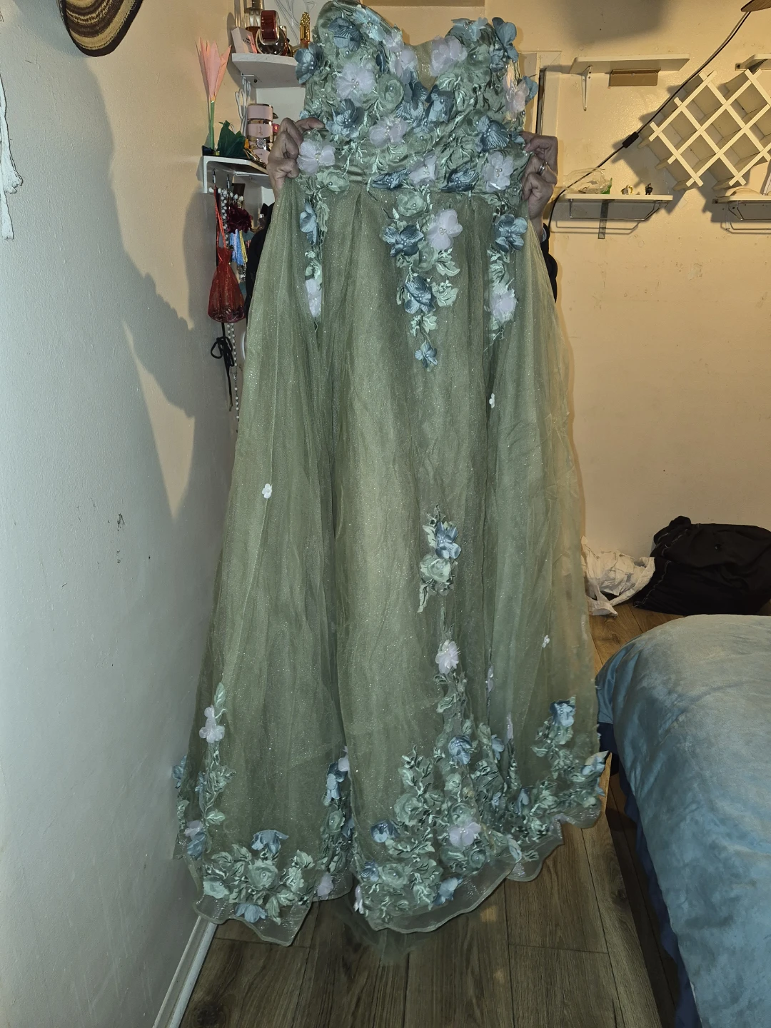 Green Tulle Gown with Floral Appliques