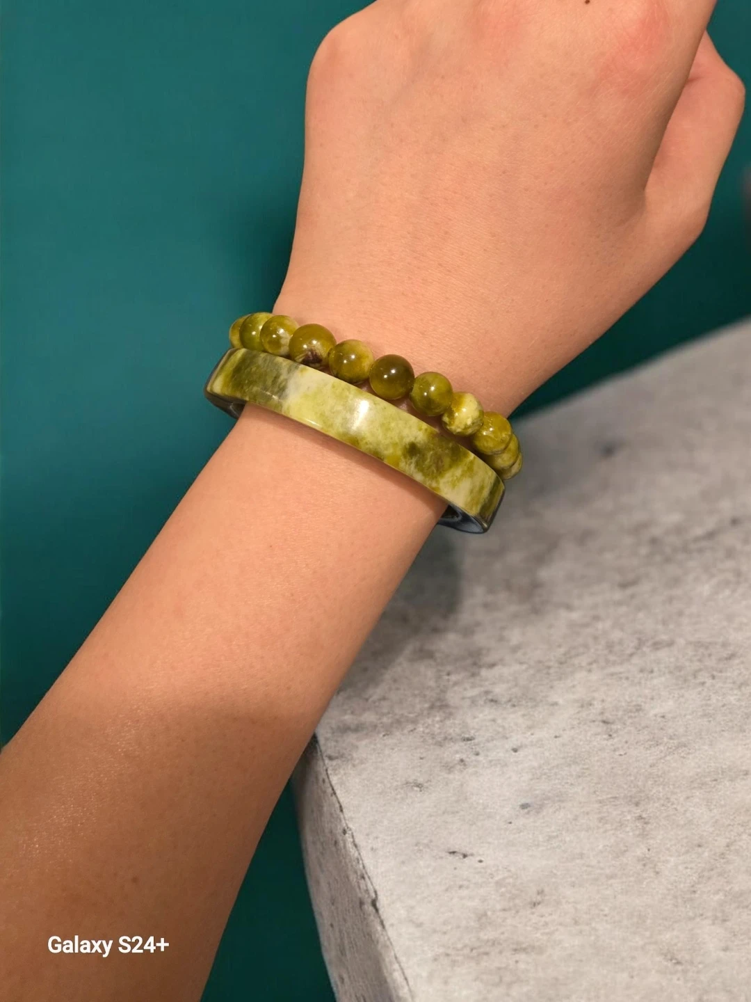 Natural Green Serpentine Stone Beaded Bracelet and Bangle Set