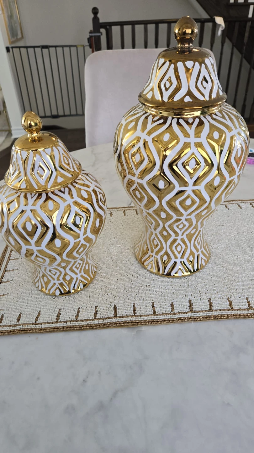 Set of 2 Gold and White Decorative Ginger Jars