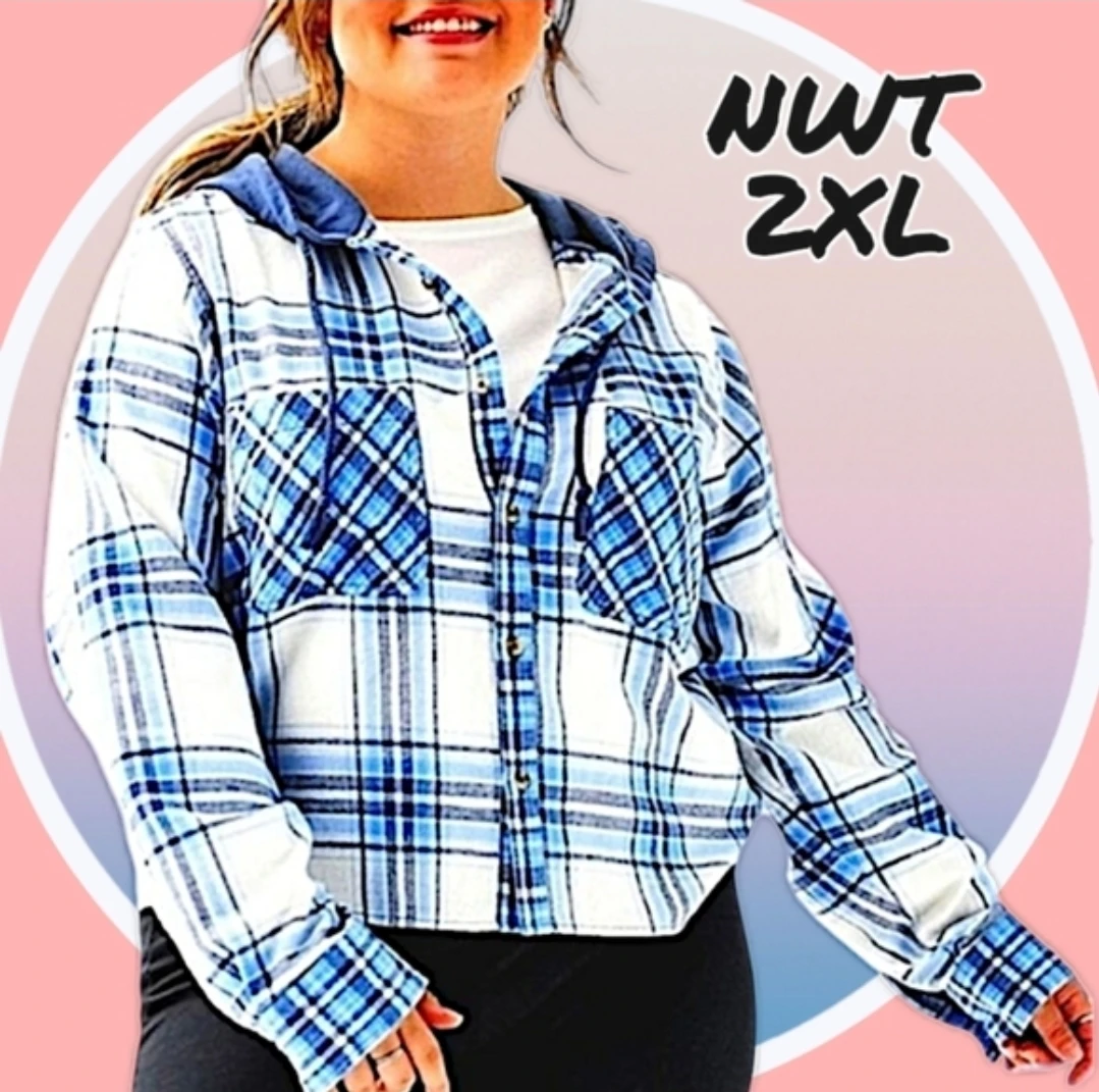 🏆 NWT 1X Cropped Plaid Button Up Hoodie w 2 Pockets