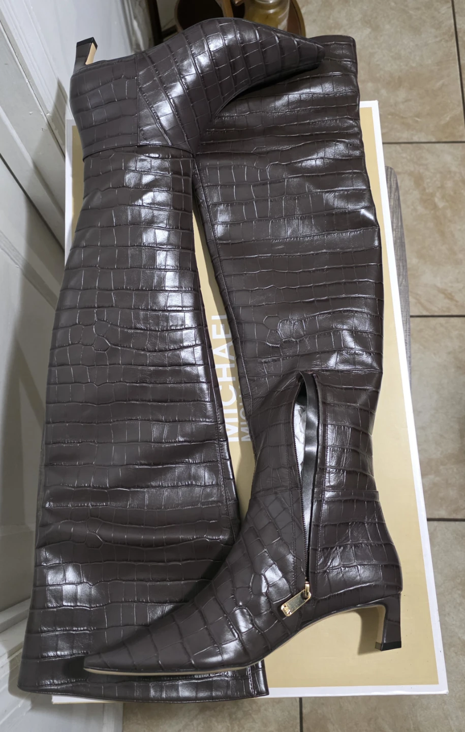 Michael Kors Brown Croc Embossed Over-the-Knee Boots Size 7