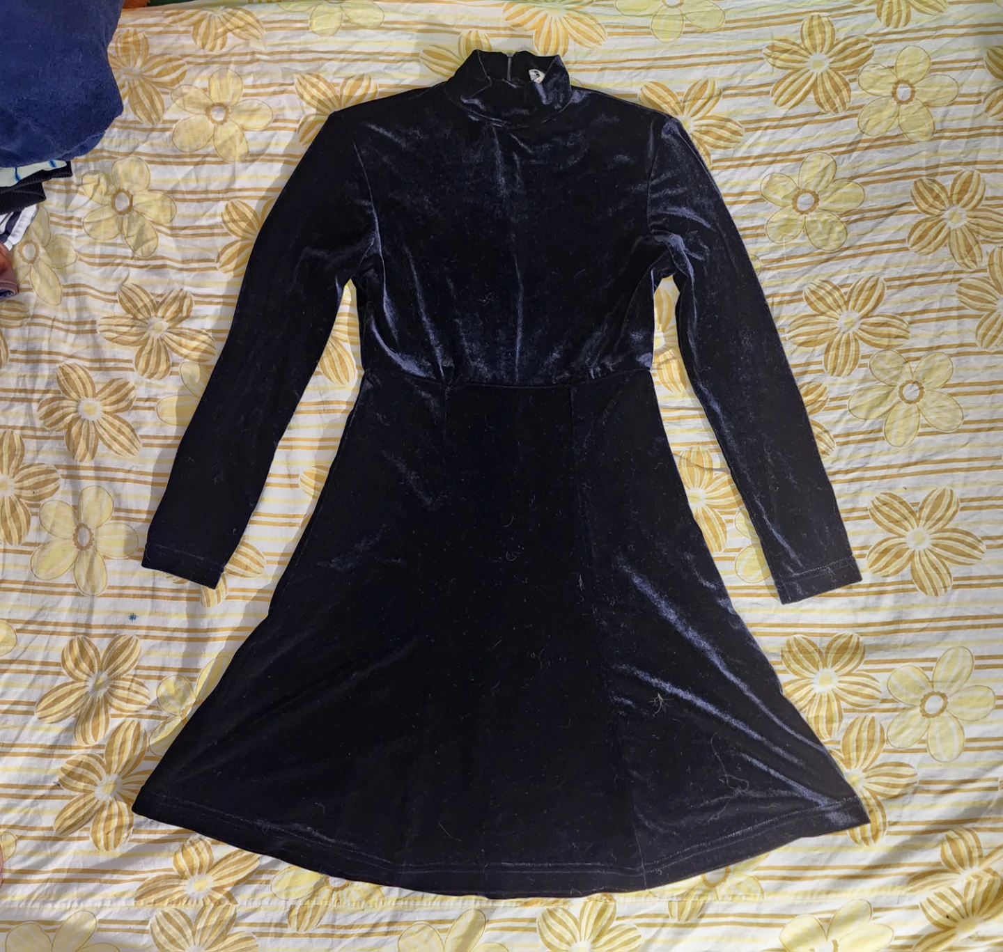 Black velvet mini dress with mock neck and long sleeves