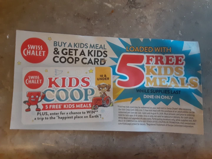 Swiss Chalet Kids Coop Card - 5 Free Kids Meals 🧡