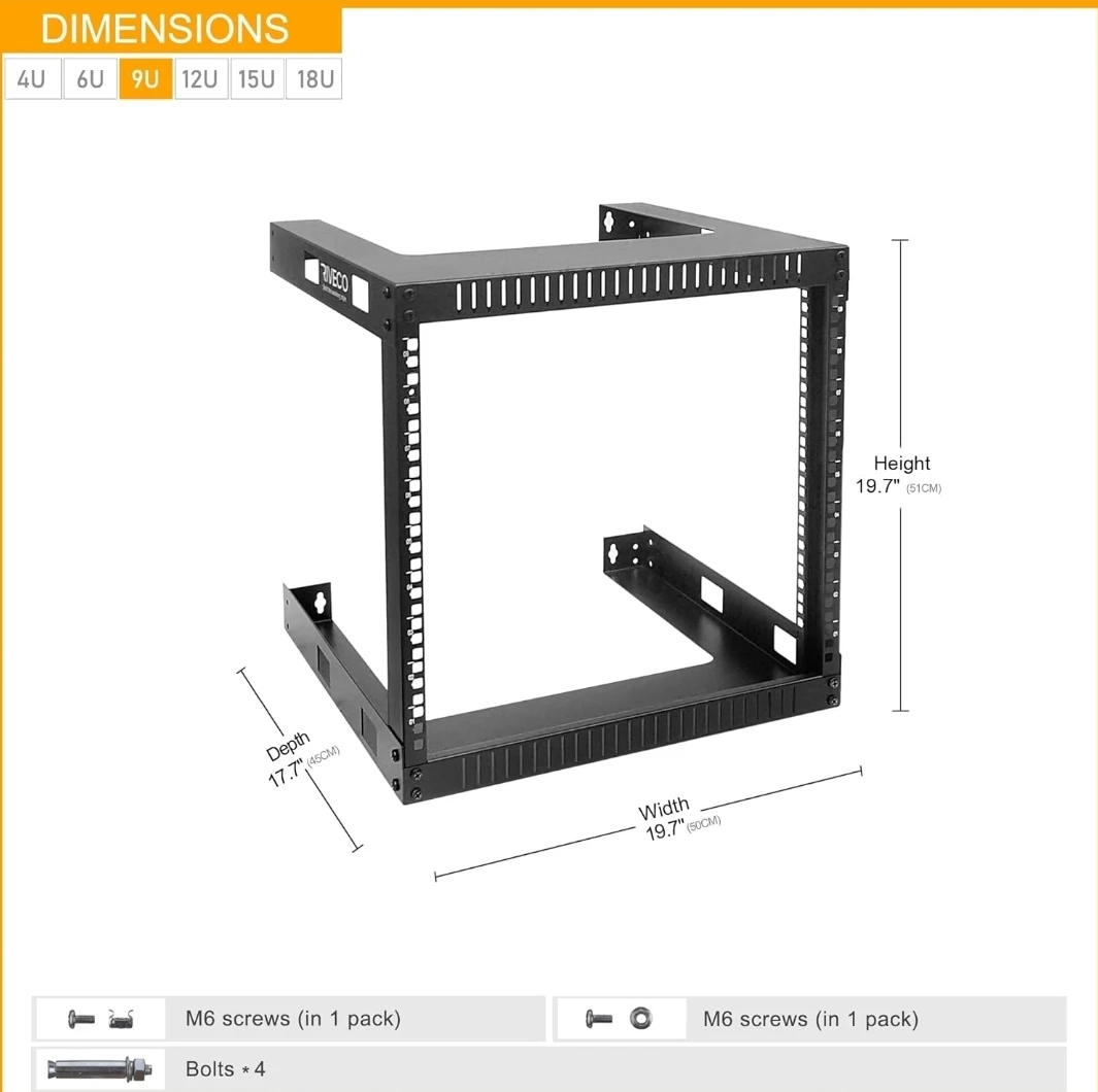 RIVECO 19" 9U Wall Mount Open Frame Network Rack - 17.7" Deep - photo 2