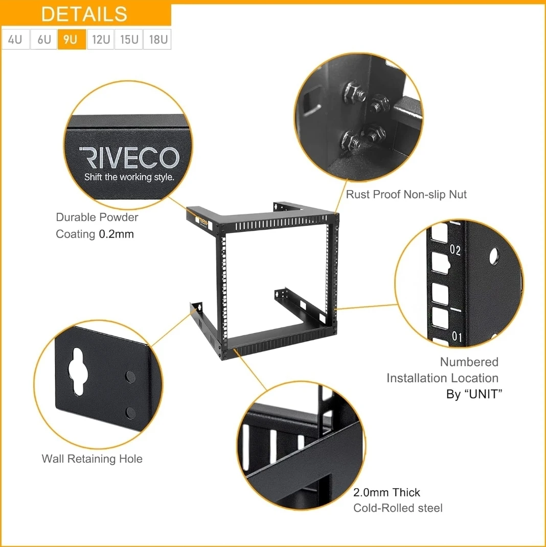 RIVECO 19" 9U Wall Mount Open Frame Network Rack - 17.7" Deep - photo 3