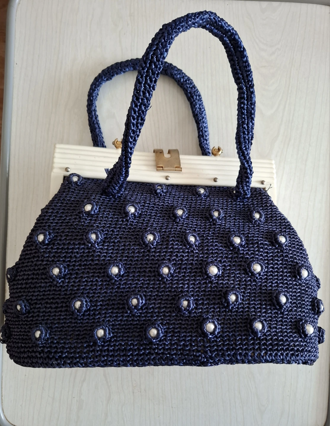 Navy Blue Woven Handbag with Pearl Accents