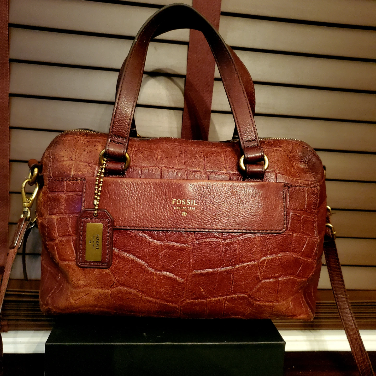 FOSSIL Brown Leather Croc Embossed Crossbody Satchel Handbag