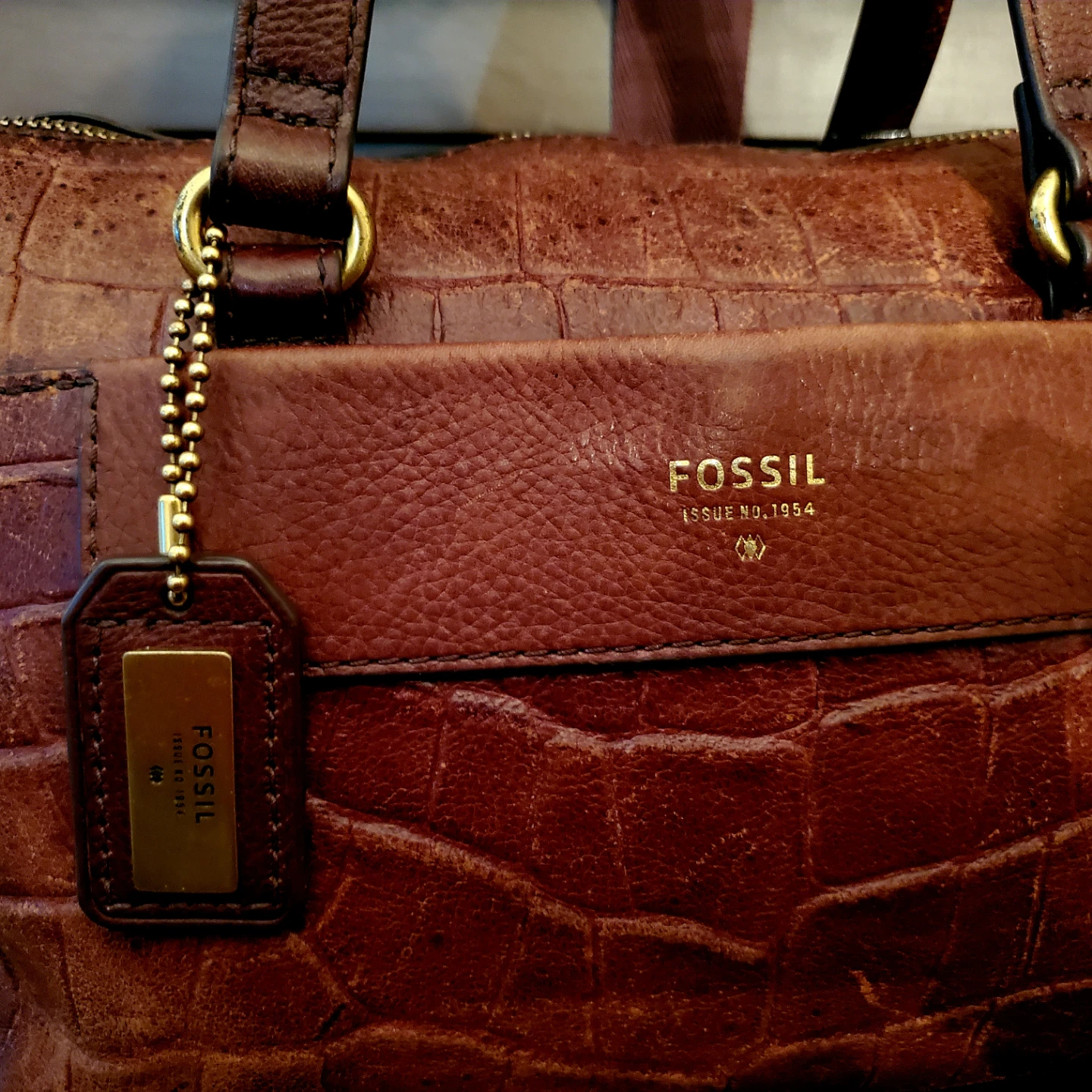 FOSSIL Brown Leather Croc Embossed Crossbody Satchel Handbag - photo 4