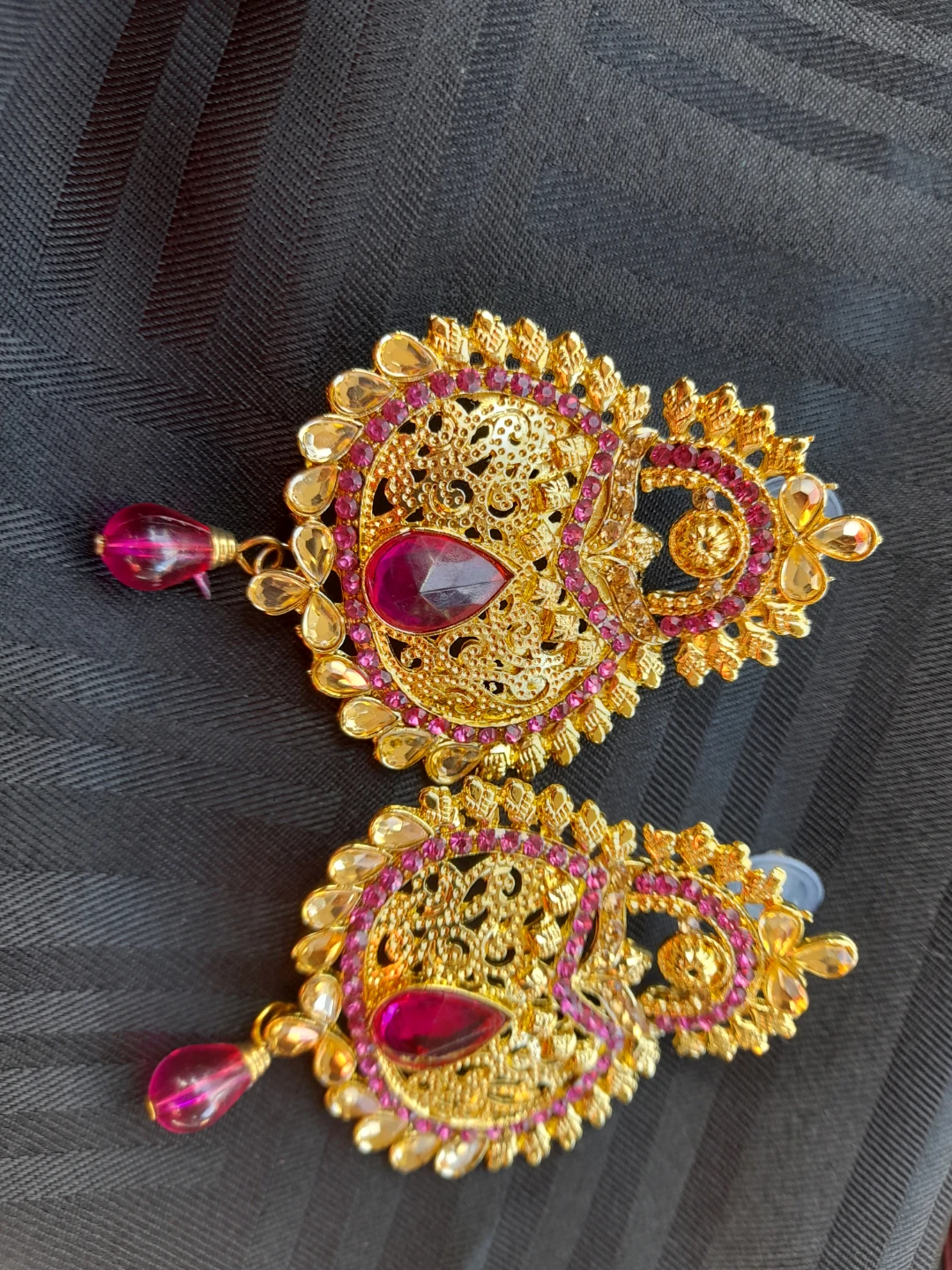 Good Quality Faux Gold Dangling Earrings with Pink Stones - photo 2