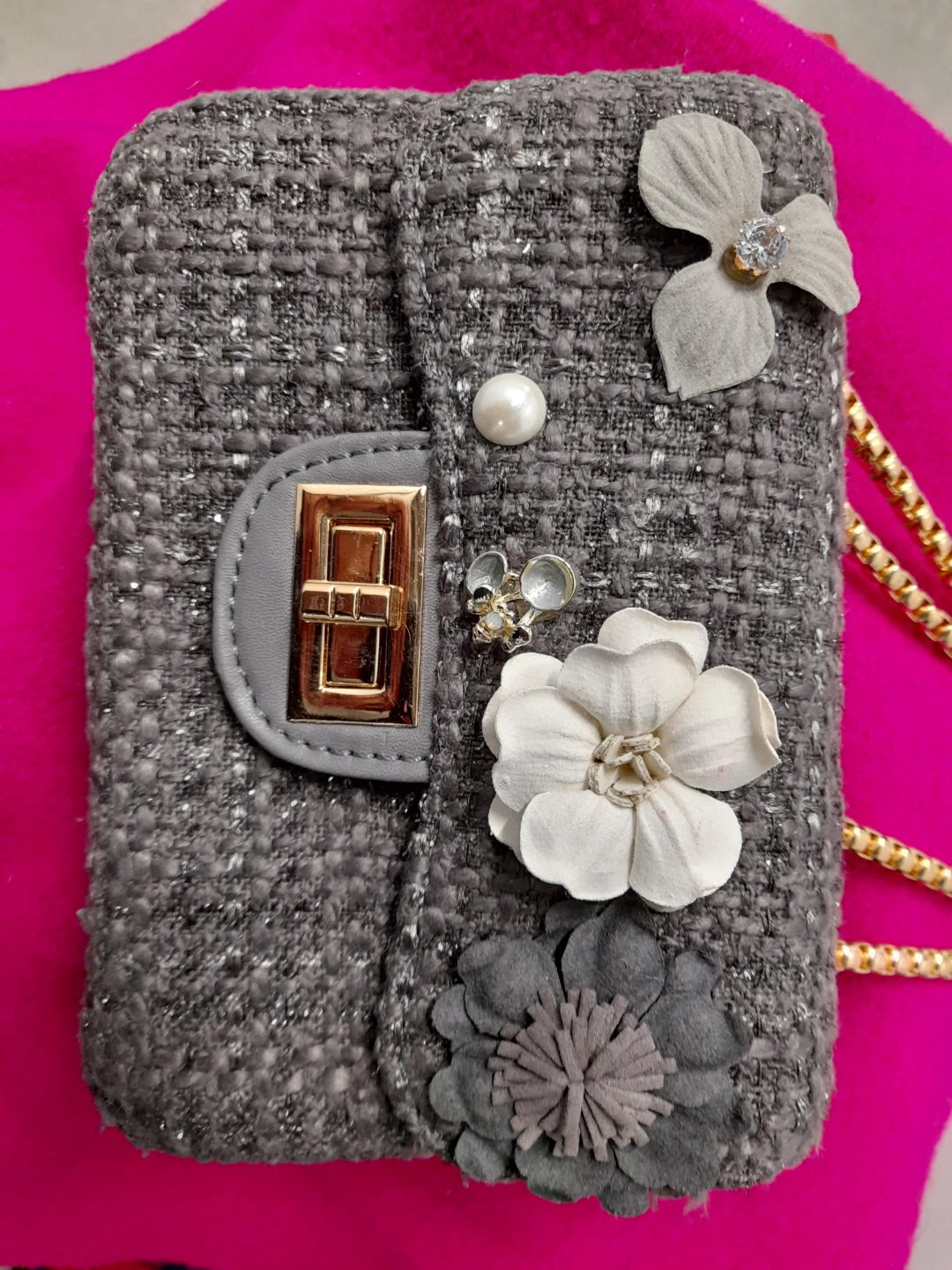 Statement Grey Tweed Bag with Floral Embellishments