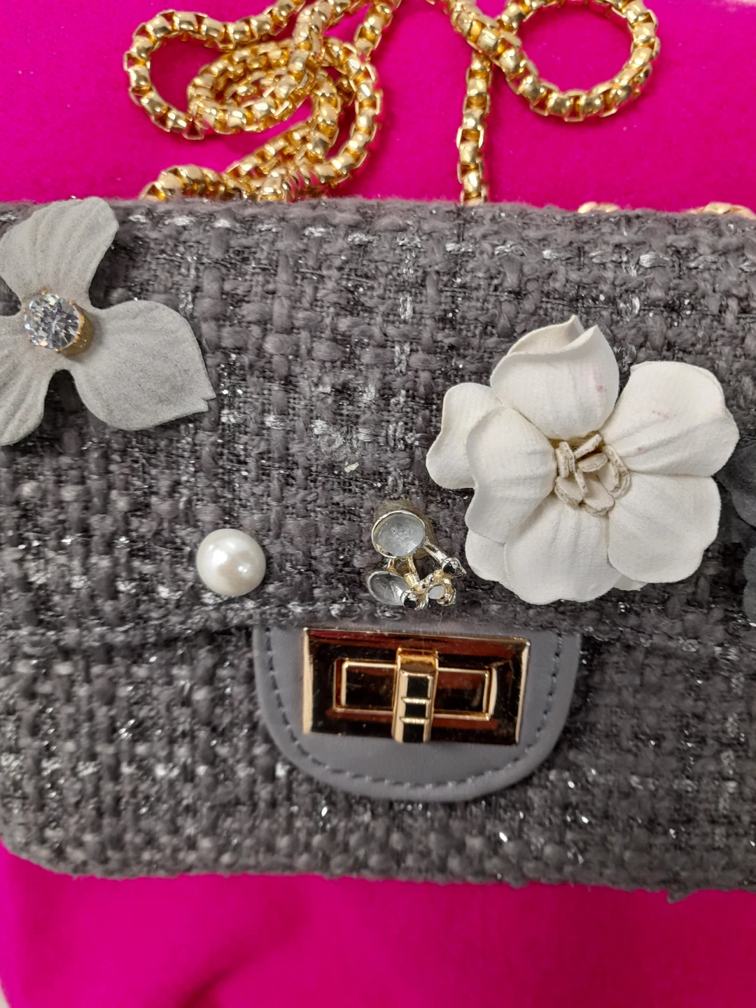 Statement Grey Tweed Bag with Floral Embellishments - photo 2