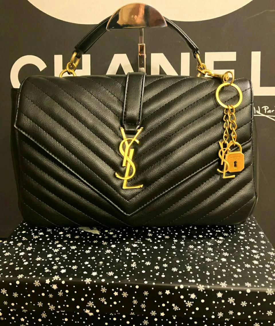 Yves Saint Laurent YSL Black Leather Chevron Flap Handbag