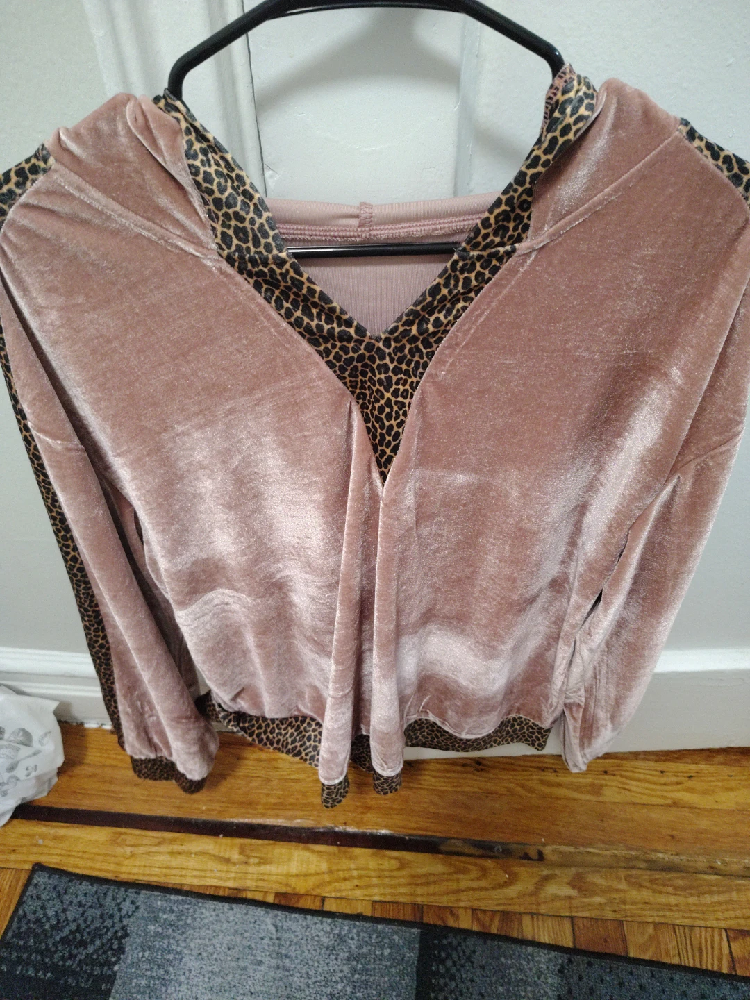 Pink Velour Hoodie with Leopard Print Trim