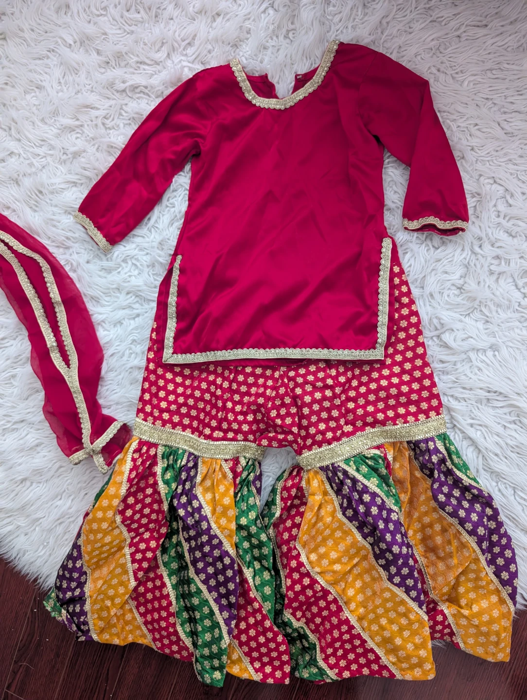 Girl's Red & Multicolour Pakistani Gharara Set