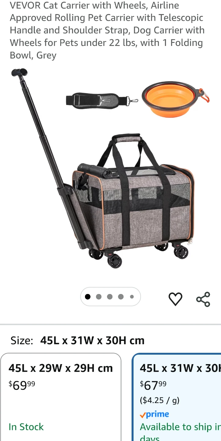 VEVOR Rolling Pet Carrier with Wheels and Folding Bowl - Grey
