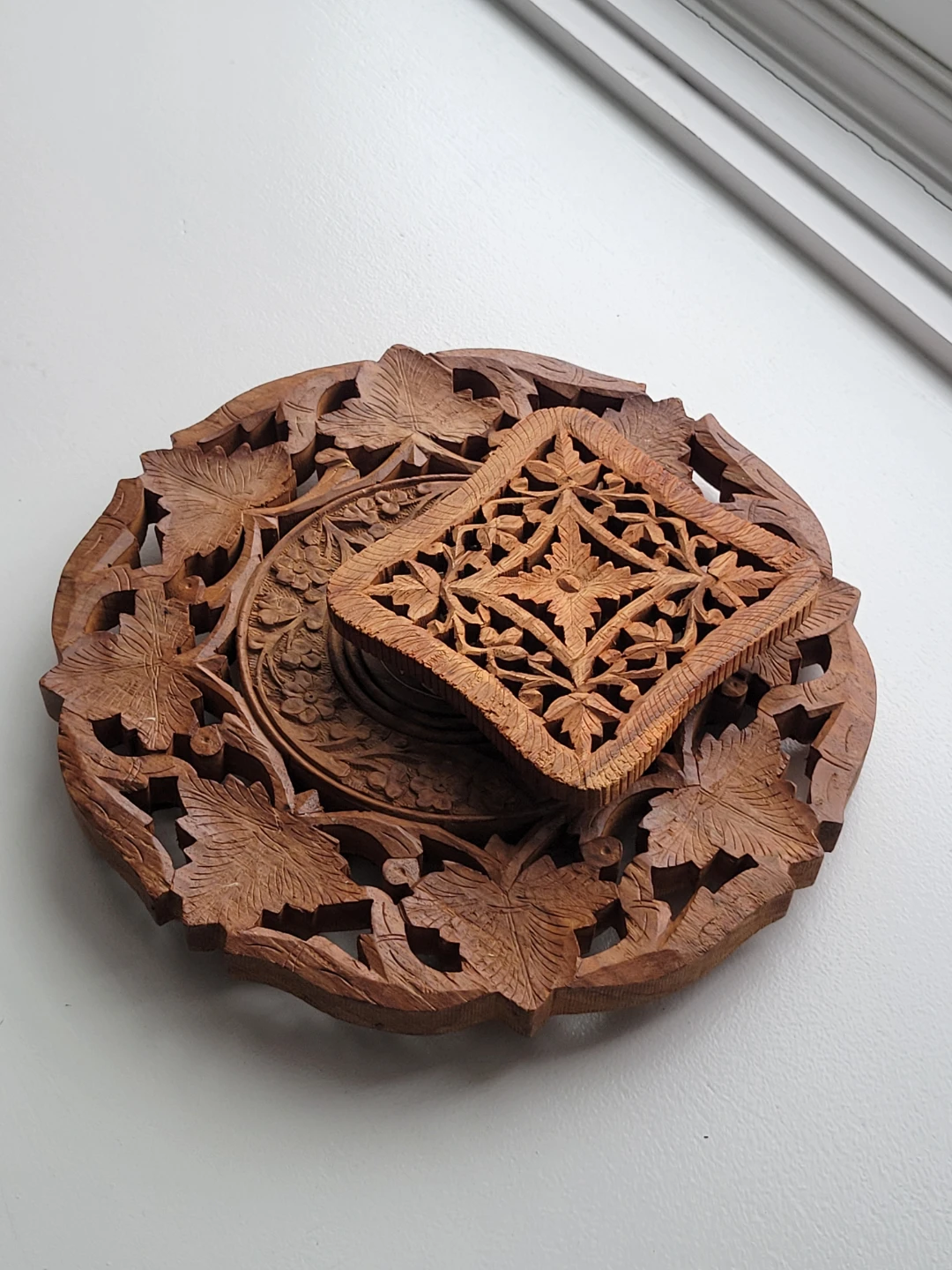 Vintage Hand Carved Wood Trivet & Coasters. Boho India. Plants - photo 2