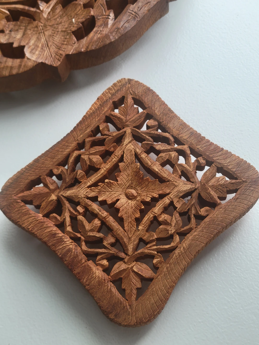 Vintage Hand Carved Wood Trivet & Coasters. Boho India. Plants - photo 4